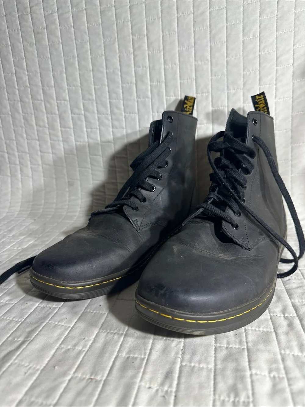 Dr. Martens Tobias Black Leather Lace-Up Men’s Boots with Yellow Stitching